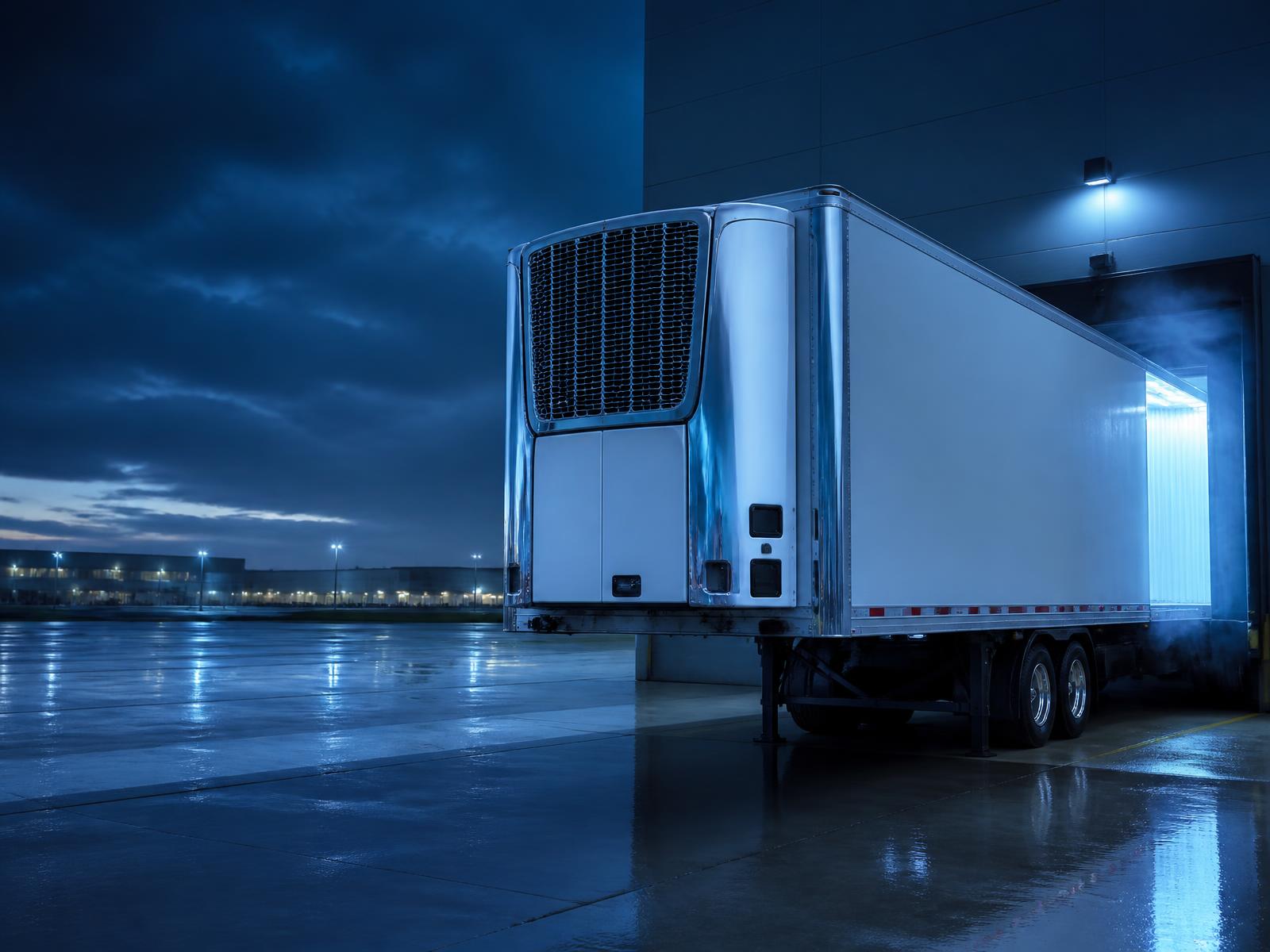 Refrigerated trailer at a loading dock with cold air drifting from the open doors